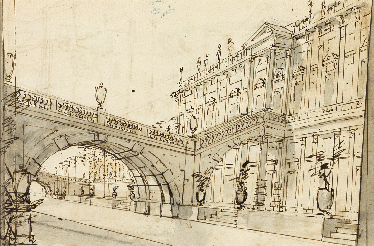 ITALIAN SCHOOL, 18TH CENTURY Design for a Palace Façade with an Arched Bridge Entry.